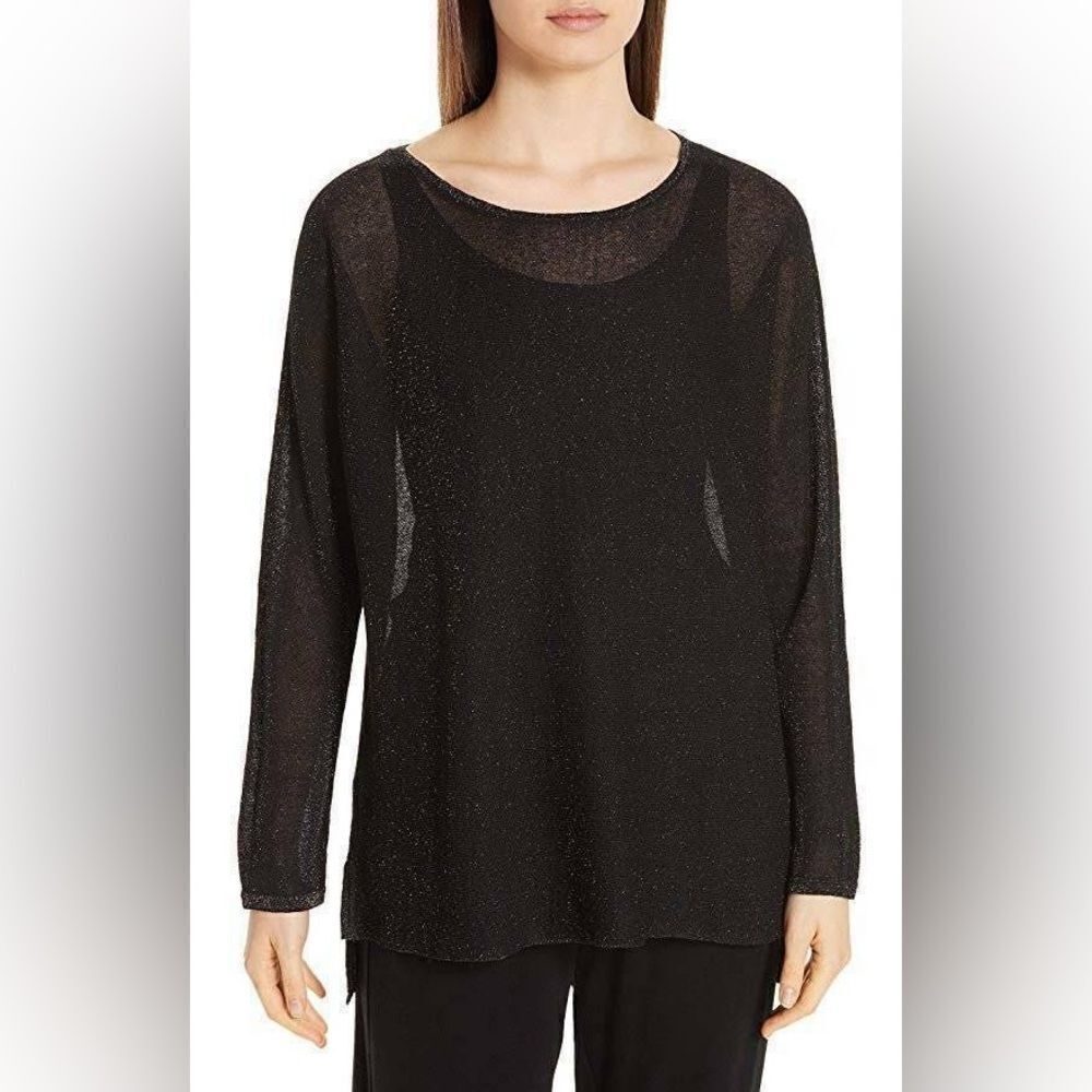Eileen Fisher Black/Gold Bateau Neck Linen Crepe Tunic Metallic Thread Size Med
